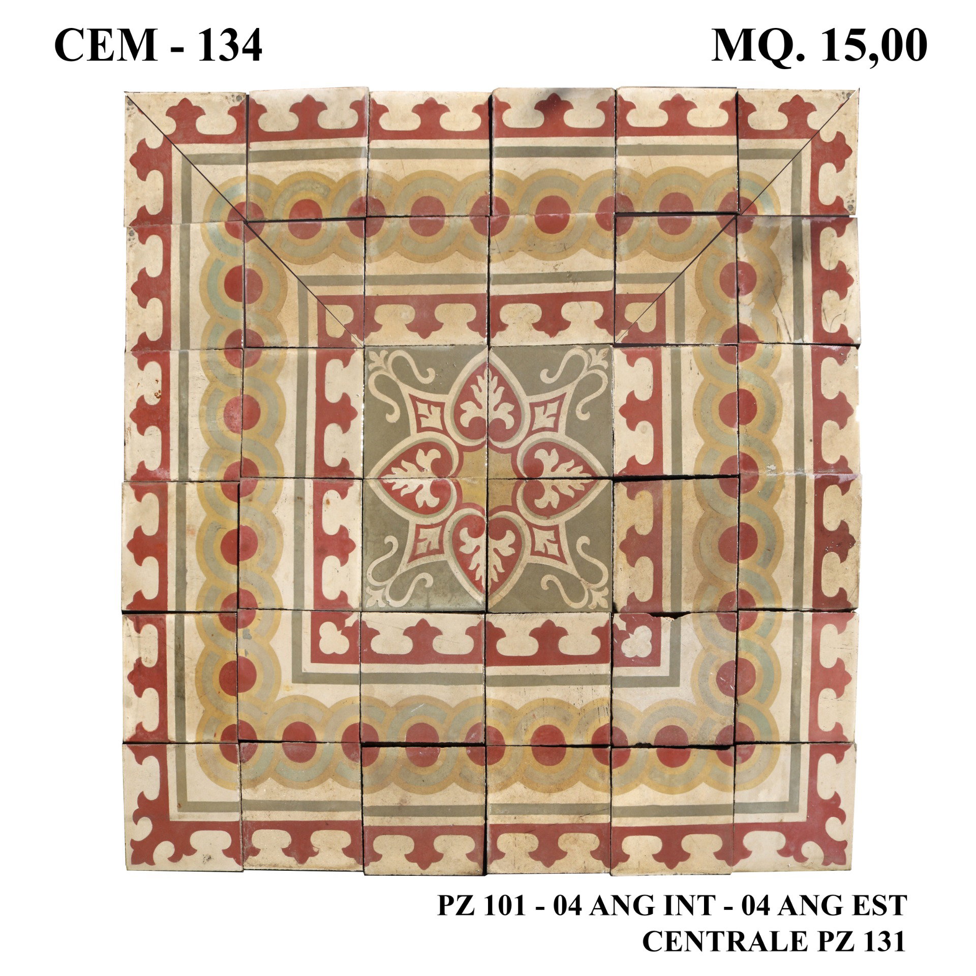 Antique cement tile flooring, 25x25 cm. Early 1900s period.